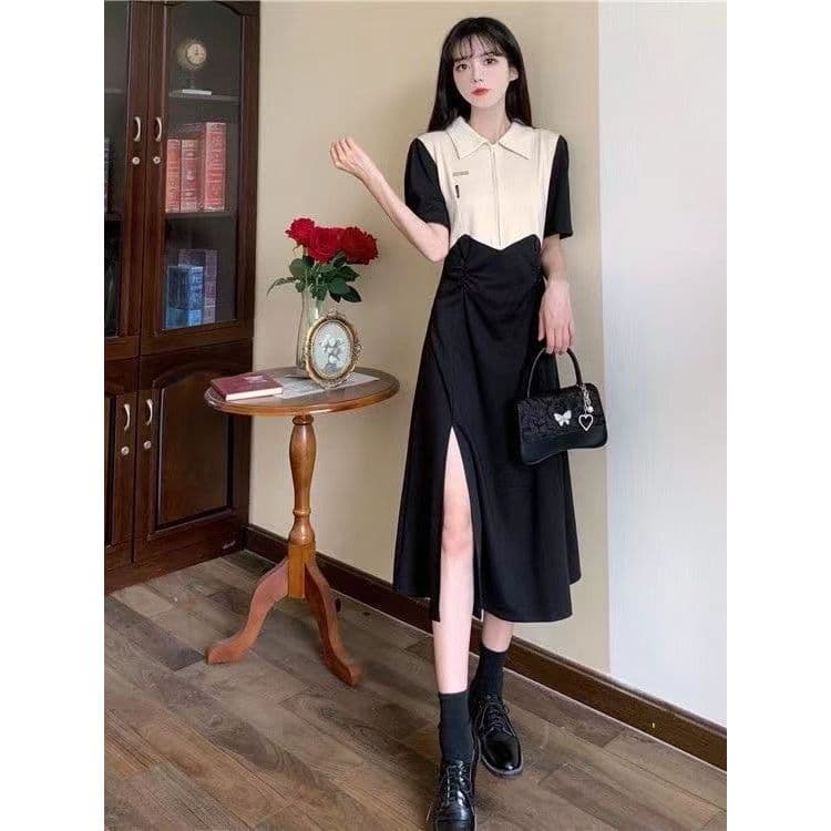 Hepburn estilo costura contraste cor vestido de manga curta verão novo estilo cintura estreita mais magro olhar capa bar