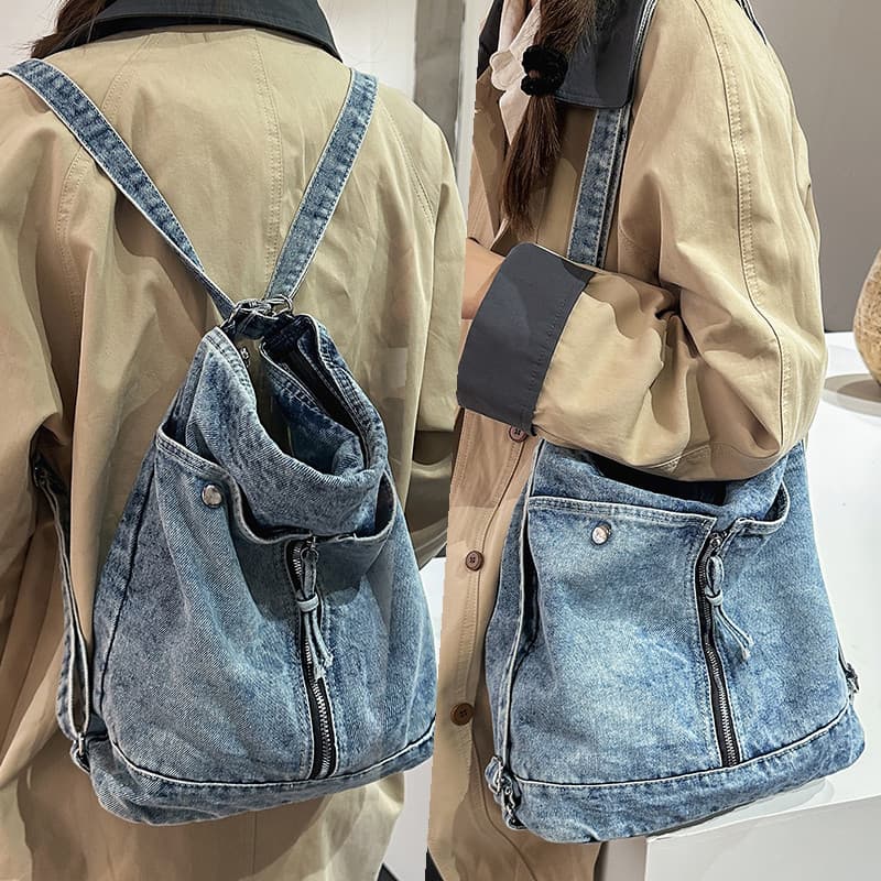Multi-Purpose Cross-corpo lavável Denim mochila feminina 2025 nova Casual All-Match mochila de banda larga sacola