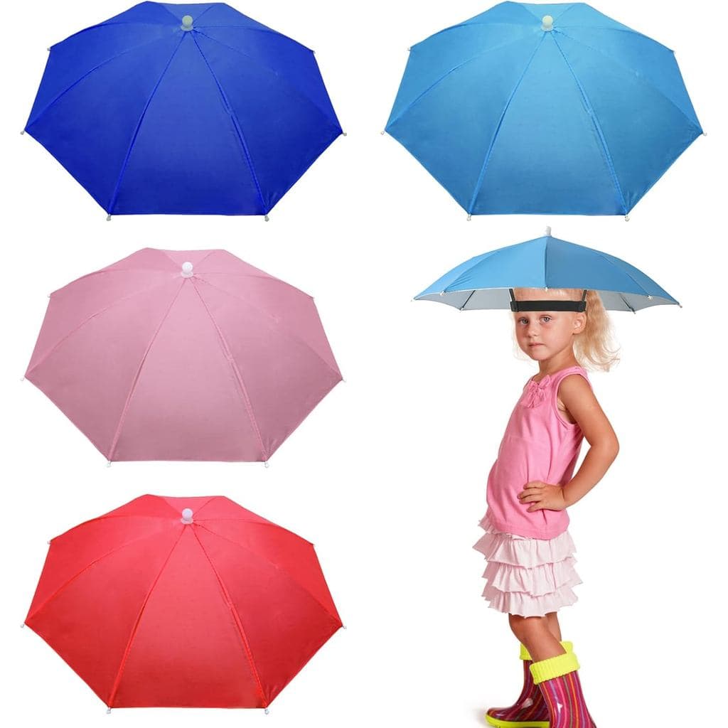 Pacote com 4 Chapéus Guarda-Chuva de 20,5" para Crianças, Multicoloridos, Dobráveis e Impermeáveis, com Faixa de Cabeça