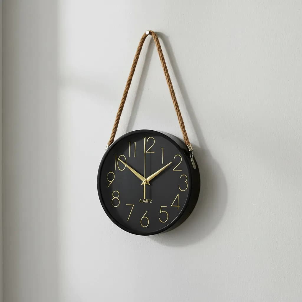 Relógio Redondo Preto Durado Quartz de Parede com Alça Elegante Decorativo Clássico