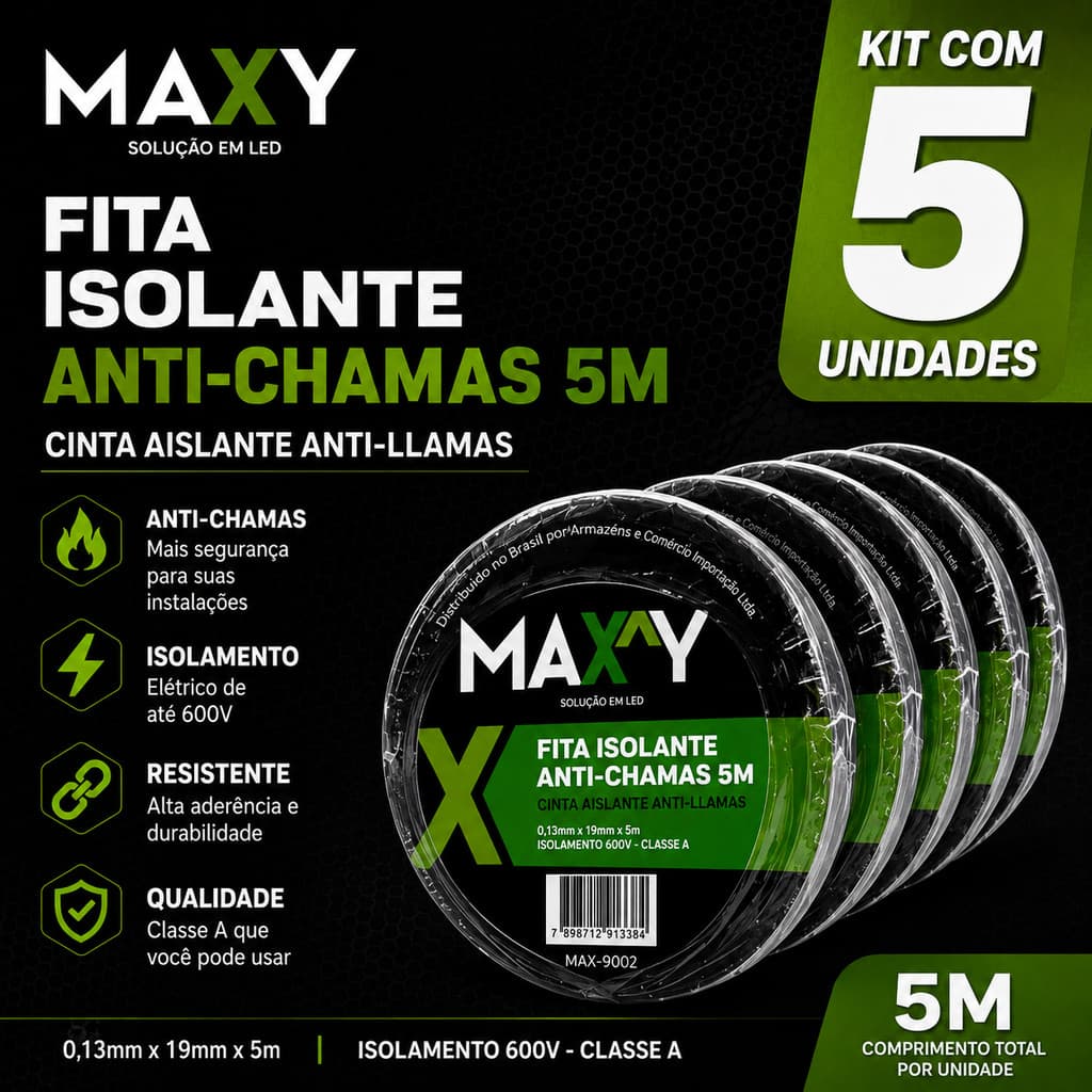 KIT 5 Fitas Isolantes Anti-Chamas 5M MAXY 19mm x 5m Alta Resistência 600V Classe A fita preta