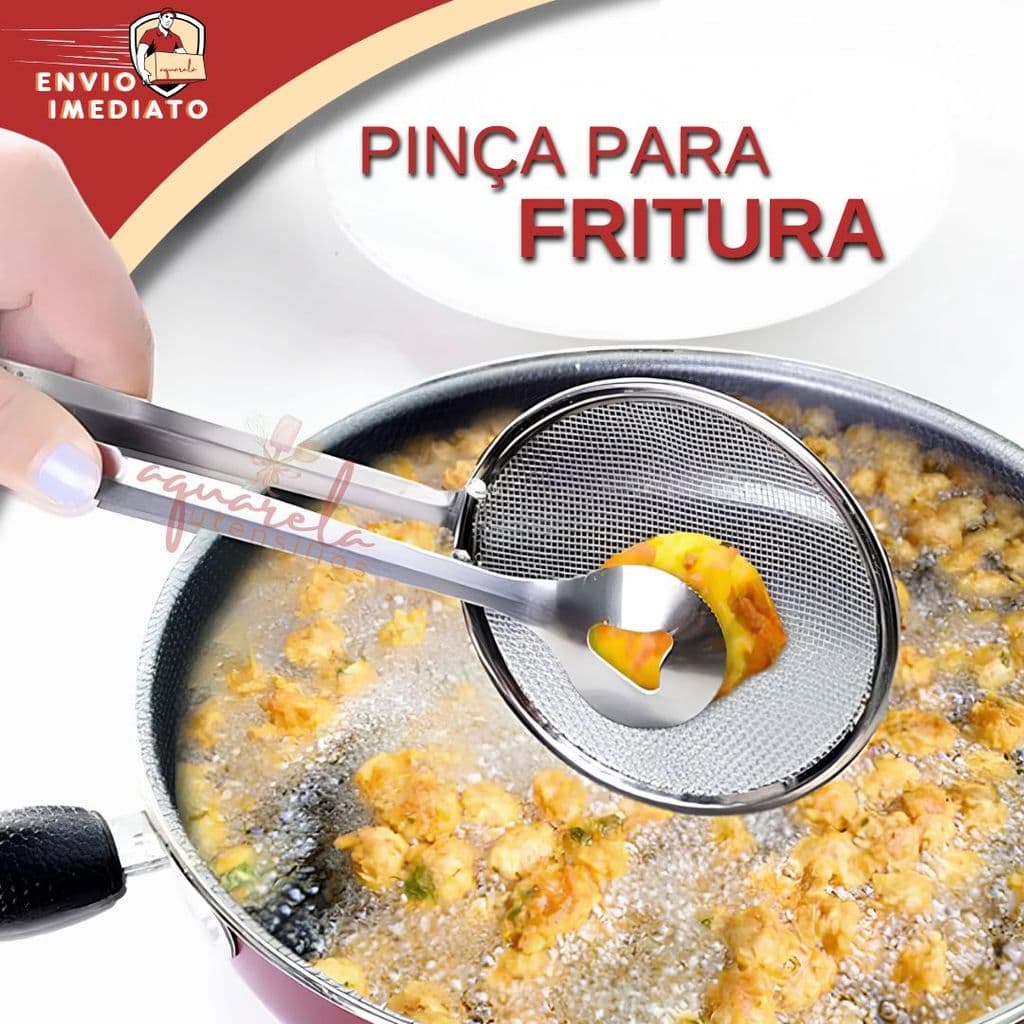 Pinça Pegador com Peneira Escumadeira Inox Para Frituras Pegador  Batata Frita Frango Frito