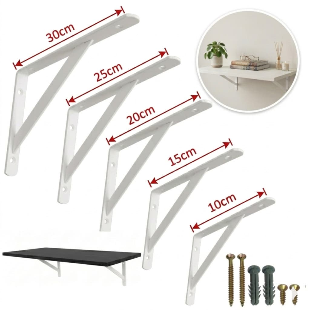 6 x Mão Francesa Para Prateleira Suporte Cantoneira 30cm-25cm-20cm-15cm-10cm C/ Paraf. e Buchas