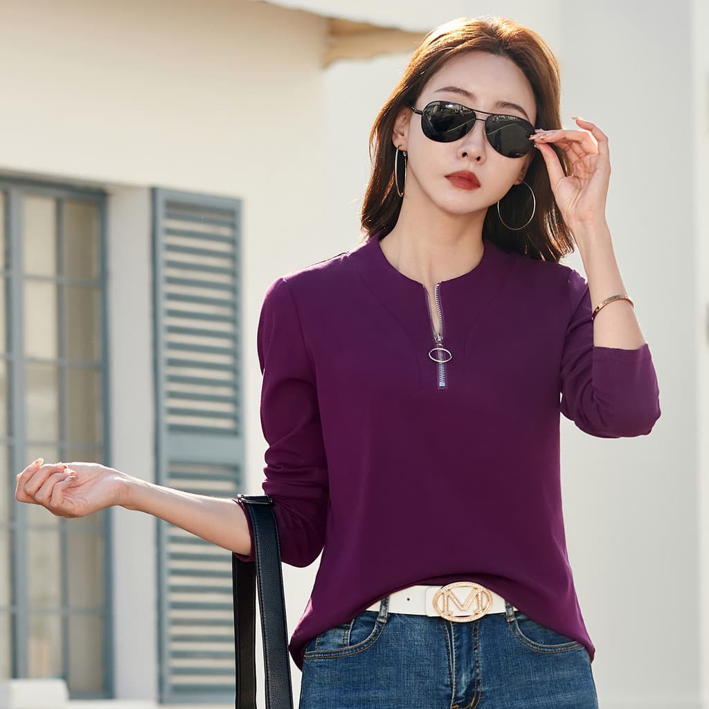 Primavera outono puro algodão jaqueta fina luz estilo de luxo meio zíper manga comprida camiseta feminina gola alta Casu