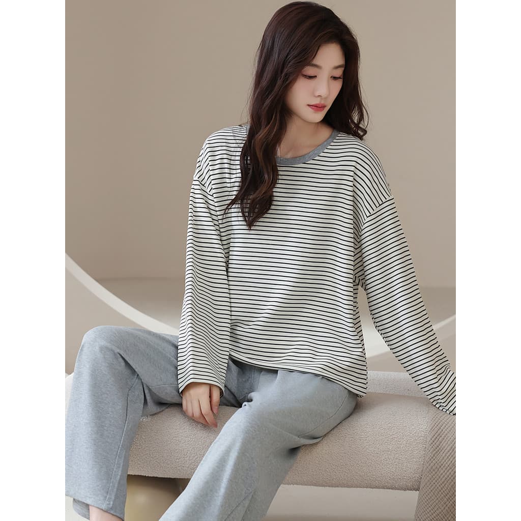 Pijamas de algodão primavera outono feminino 2025 novo estilo puro algodão manga comprida bonito Super quente listrado H