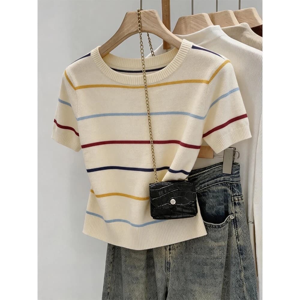 [40-100kg] Camiseta de malha listrada colorida com gola redonda e manga curta feminina verão solta mais fina Look tudo @