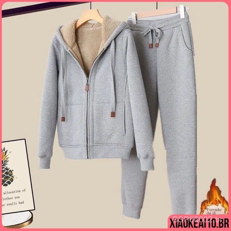 Casual Elegante Plus Size Com Capuz/Zíper Conjunto Feminino Novo Grosso Calça+Casaco Quente Frio Moda De Inverno Adulto