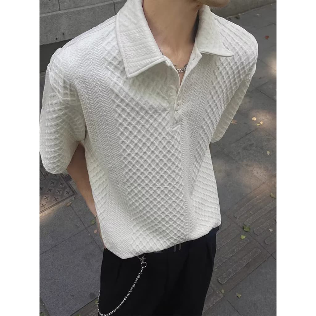 Americano Waffle Jacquard moletom masculino textura plissada solta manga curta lapela camiseta diamante em relevo camisa
