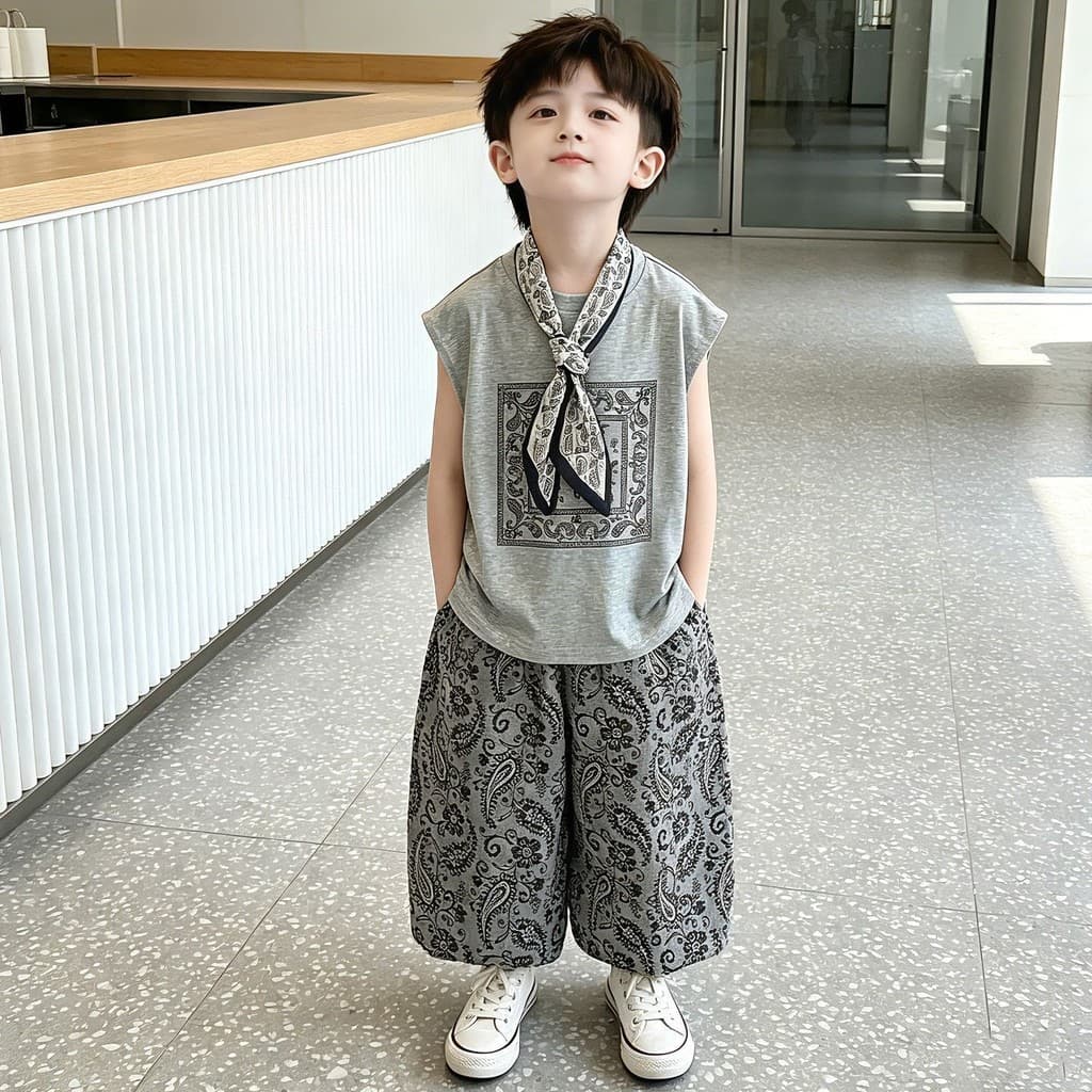 Meninos verão colete terno 2026 novo estilo estilo Preppy bonito bebê xadrez calças de perna larga de duas peças verão n