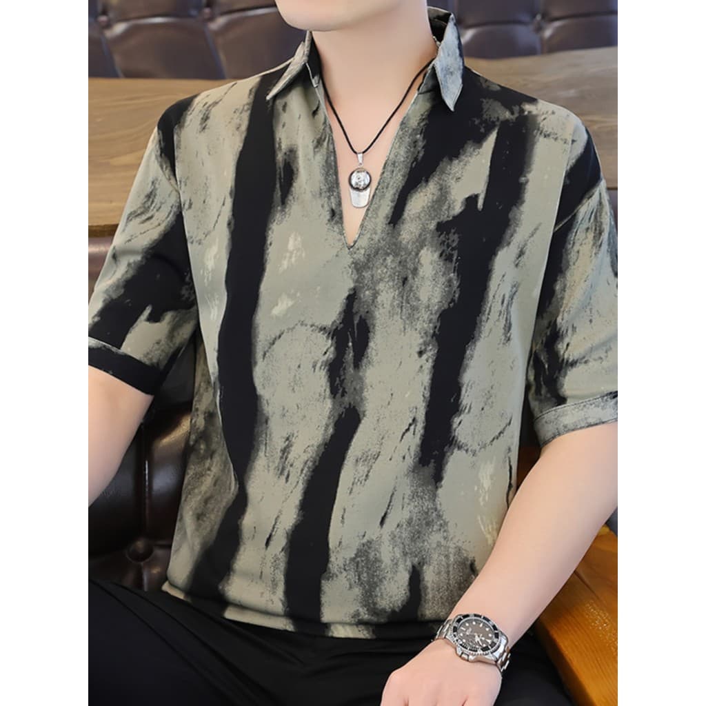 Estilo Retro pintura a tinta colarinho de seda gelo de manga curta masculino Street Wear na moda Puffian bonito camisa p