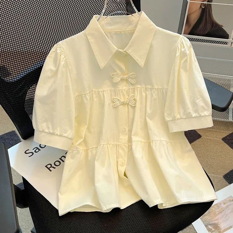 Novo estilo chinês estilo chinês botão de disco camisa de manga curta feminina verão novo estilo manga Puff reduzindo a
