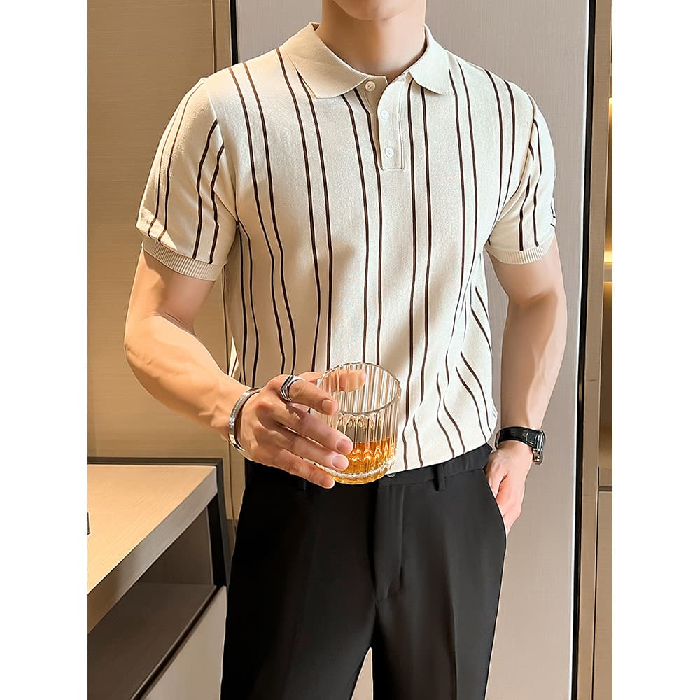 Camisa polo masculina de manga curta de malha de seda gelo 2025 verão simples negócios Casual listrado fino-ajuste nicho
