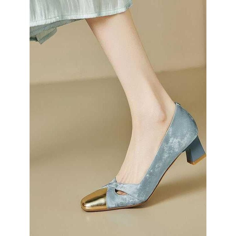 Francês elegante couro cor-bloqueio sapatos de boca rasa feminino estilo chinês oco Retro dedo do pé quadrado salto gros