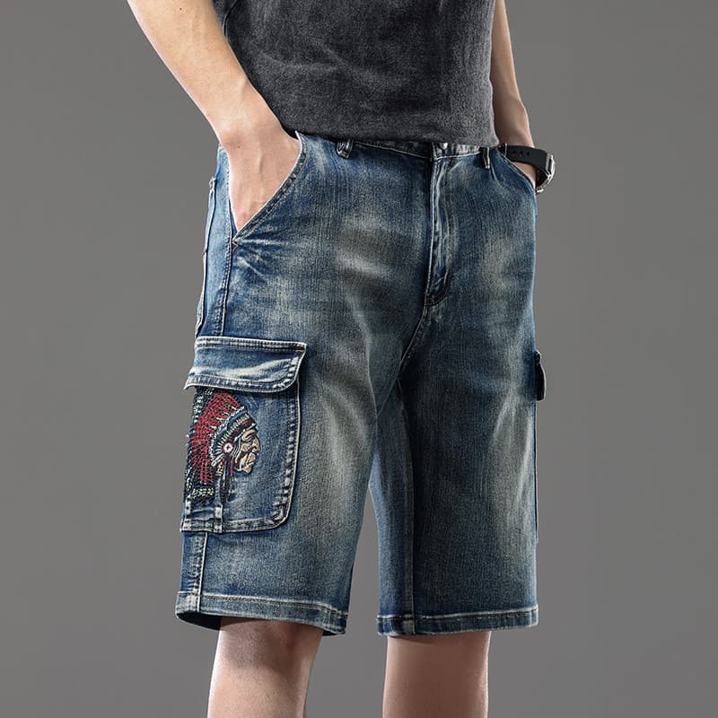 High-End bordado Workwear estiramento lavado Denim Shorts masculino solto 2025 novo estilo mais gordura mais grande Mult