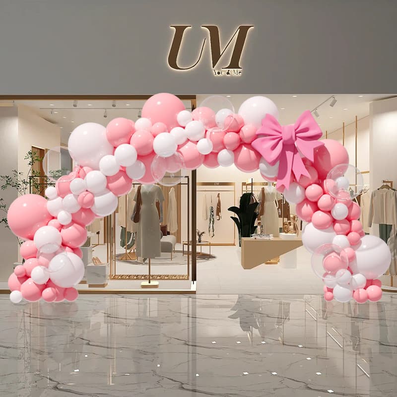 Influencer balão arco 51 dia de trabalho deusa proposta decoração Shopping loja abertura evento atmosfera Layout
