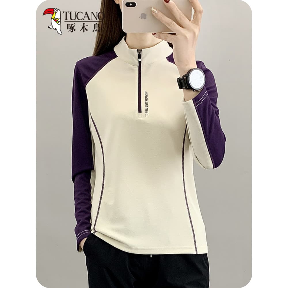 Woodpecker esportes ao ar livre camiseta feminina gola alta correndo roupas de secagem rápida montanhismo caminhadas esp