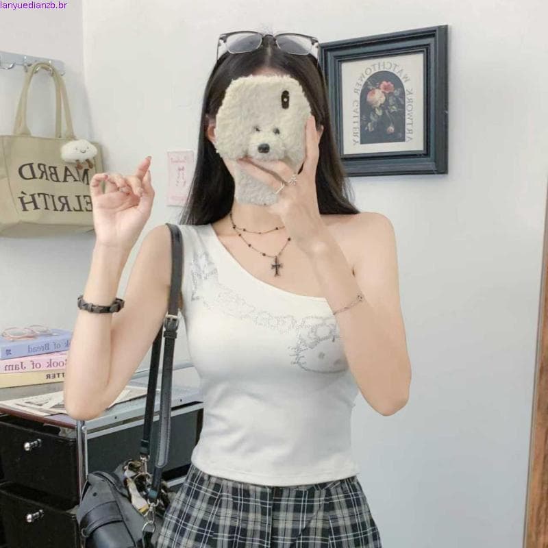 Colete de diamante quente doce estilo picante feminino americano quente menina gato diamante quente ombro inclinado cole