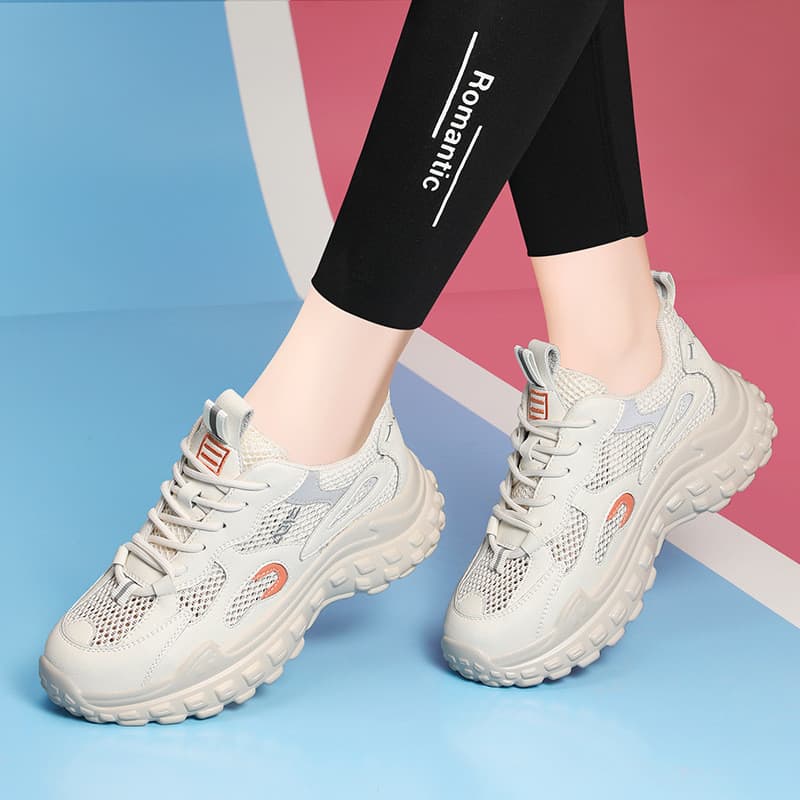 Sapatos de rede casuais esportivos de sola grossa combinando com cores elegantes All-Match couro genuíno papai sapatos f