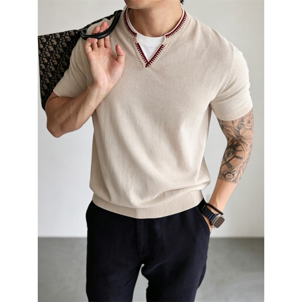Americano Retro pele-amigável Wear estilo Casual com decote em V camisola de manga curta camiseta masculina verão costur