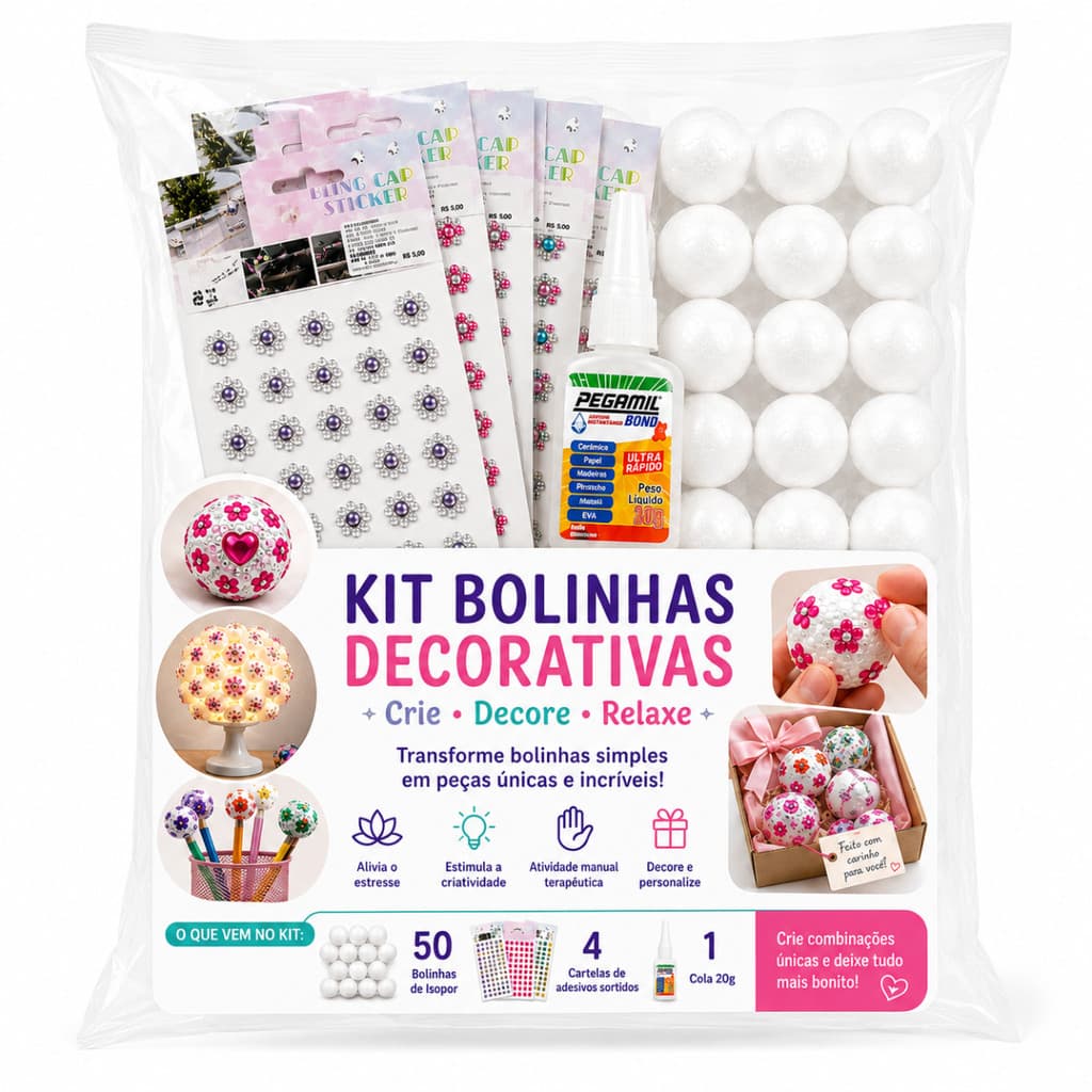 Kit Artesanato Criativo 50 Bolinhas Decorativas + Adesivos + Cola DIY