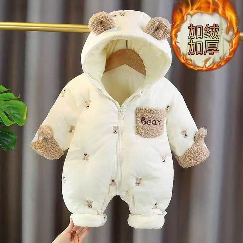 Urso dos desenhos animados macacão roupas de inverno do bebê recém-nascido menina forro de lã engrossado quente macacão
