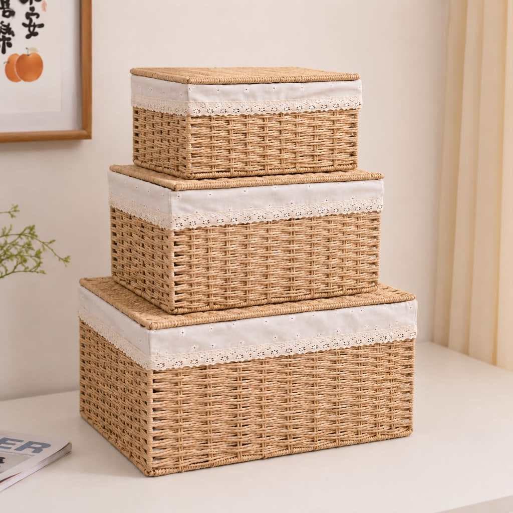 Kit com 3 Cestos de Palha com Tampa Caixa Organizadora Multiuso Cesta Tecido Forro Renda Decoração