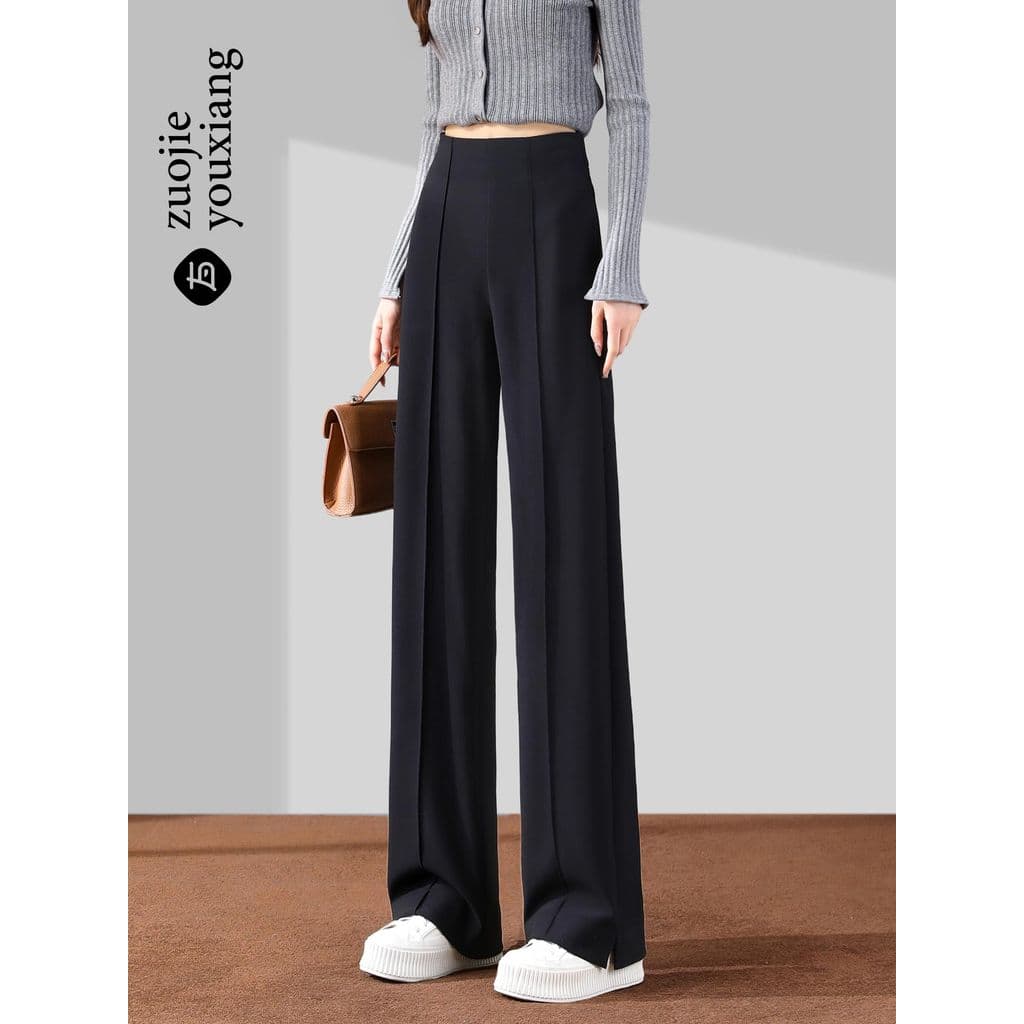 Terno calças de perna larga feminino outono 2026 novo estilo pequeno em linha reta High-End solto fenda preto Drape calç