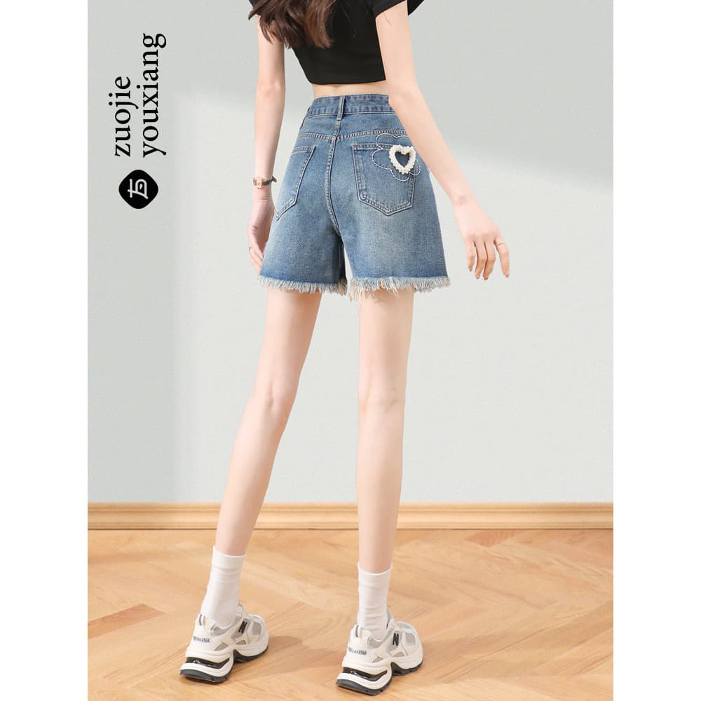 Cintura alta Denim Shorts feminino pequeno verão estilo fino 2026 novo estilo a linha mais magro olhar Design desgastado