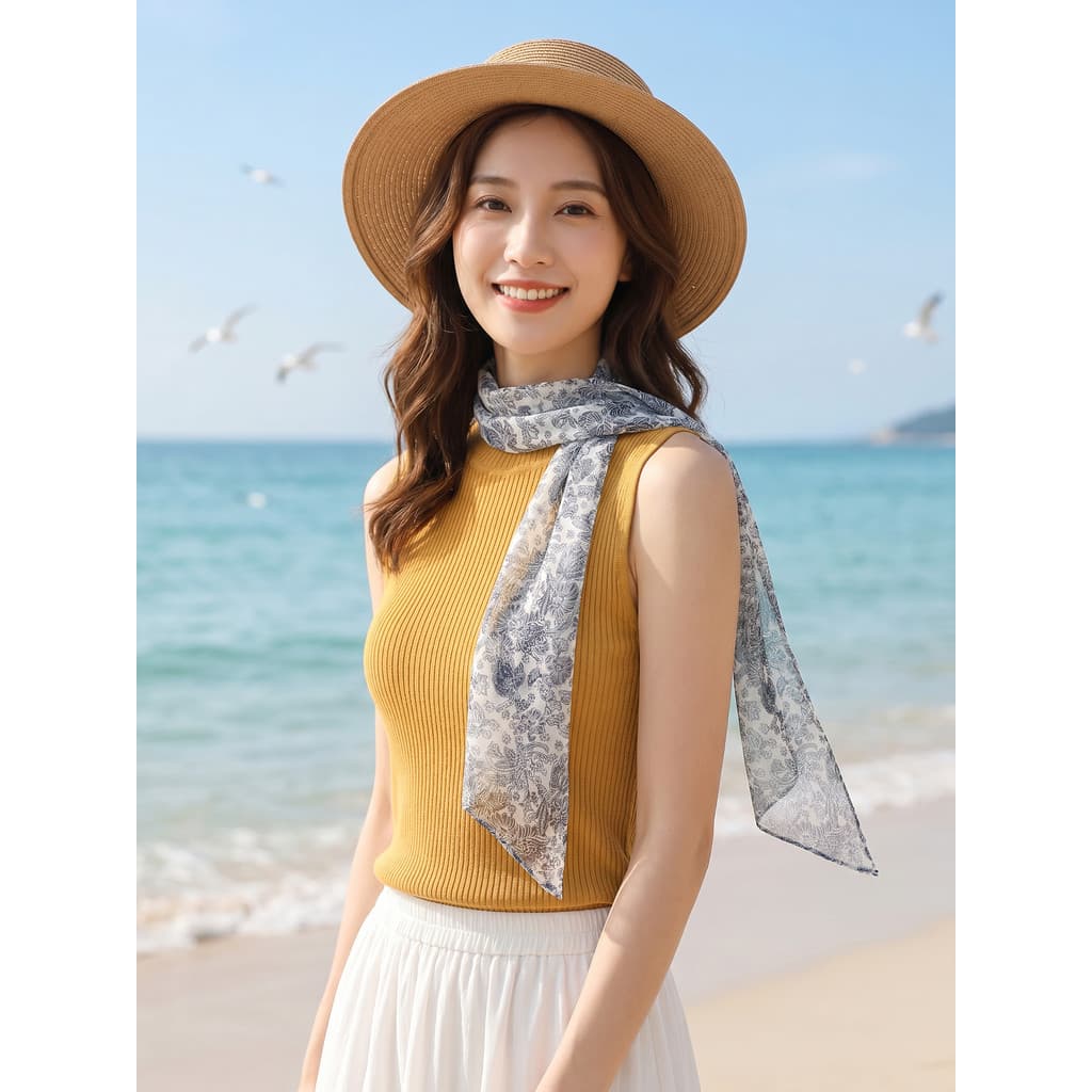 Lenço de seda pequena tira longa feminino verão estilo fino pescoço proteção pescoço capa proteção solar ferramenta útil