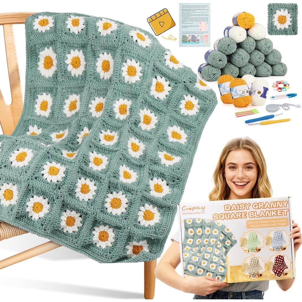 Kit de Crochê Coopay para Iniciantes, Kit de Início para Crochê de Cobertor, Instruções em Vídeo para Quadrados da Vovó,