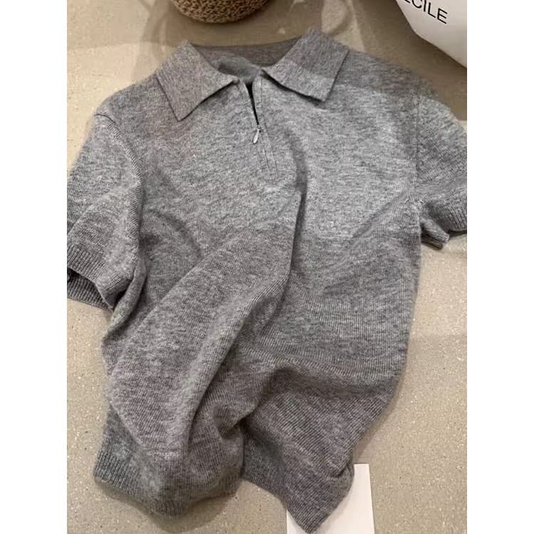 Cinza meio zíper gola polo ombro genuíno manga curta camiseta feminina verão coreano chique Design sentimento chique mal