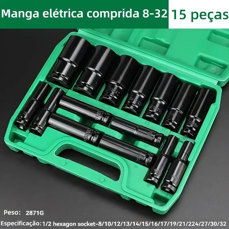 15 Peças Jogo de Soquetes de Impacto Longo 1/2  8 A 32mm