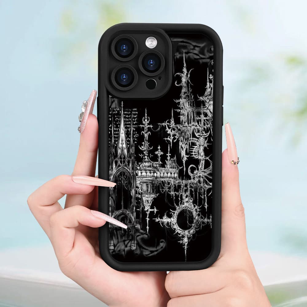 Uma elegante capa de telefone fosca à prova de gotas com padrão Dream Castle preto gótico para iPhone 17/16/15/14/13