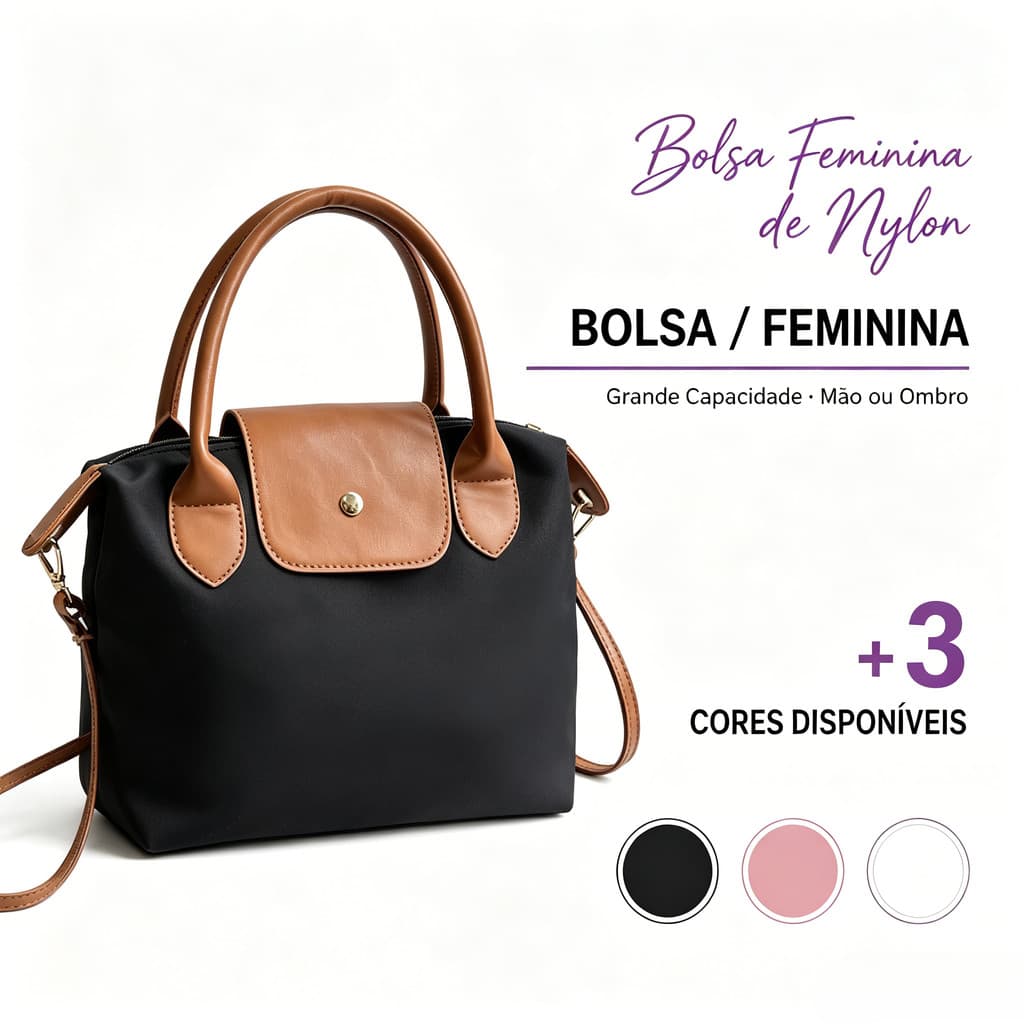 Bolsa casual e elegante com design em nylon texturizado, ideal para carregar na mão ou no ombro.