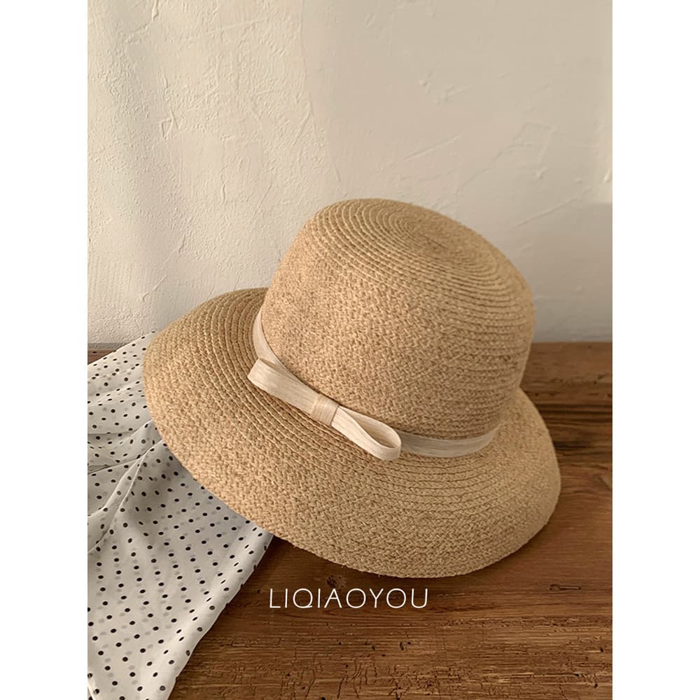 {Verão elegante} 100% ráfia chapéu de sol feminino arco francês protetor solar tricô com saia chapéu de palha