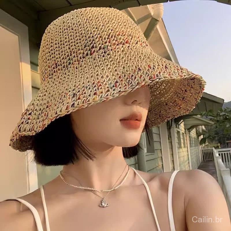 Verão oco protetor solar chapéu de sol respirável beira-mar férias estilo aba larga tecido balde chapéu de palha feminin