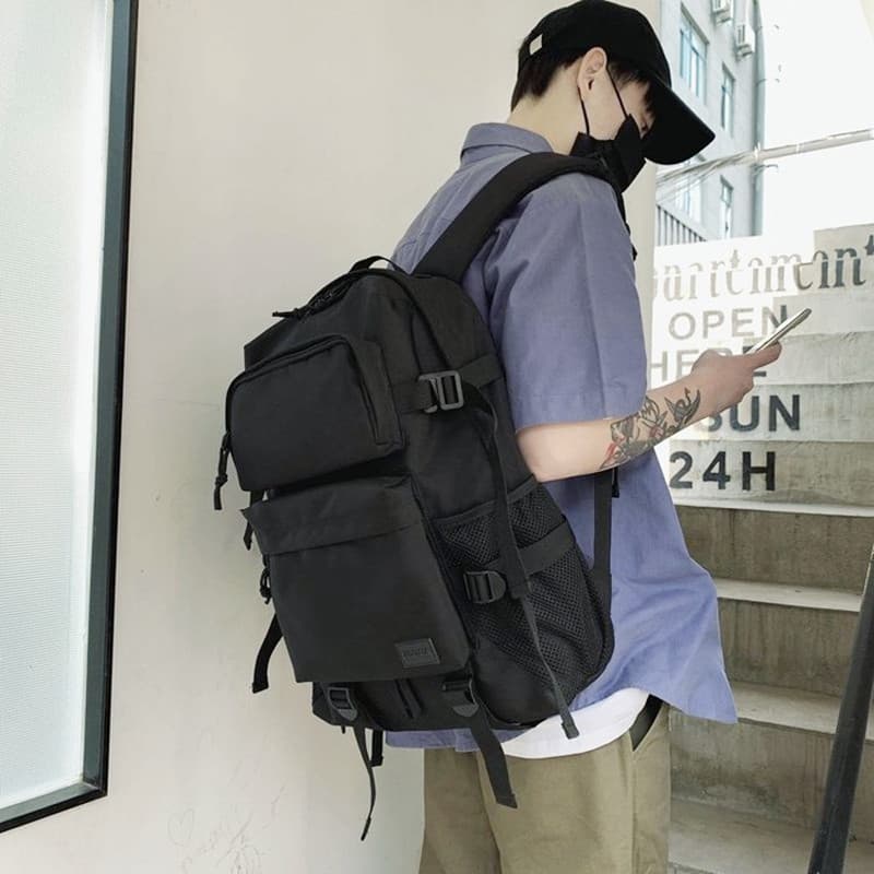Mochila masculina Street Wear preto grande capacidade simples japonês júnior estudantes do ensino médio mochila masculin