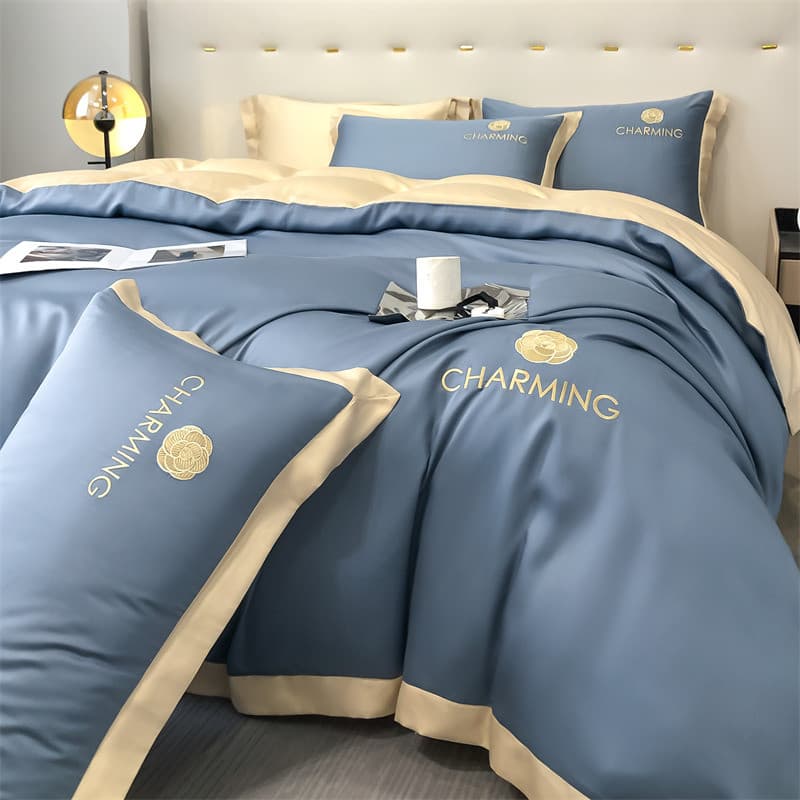 Conjunto de quatro peças de seda gelada de luxo leve, roupa de cama de algodão totalmente lavada, quatro estações, dormi