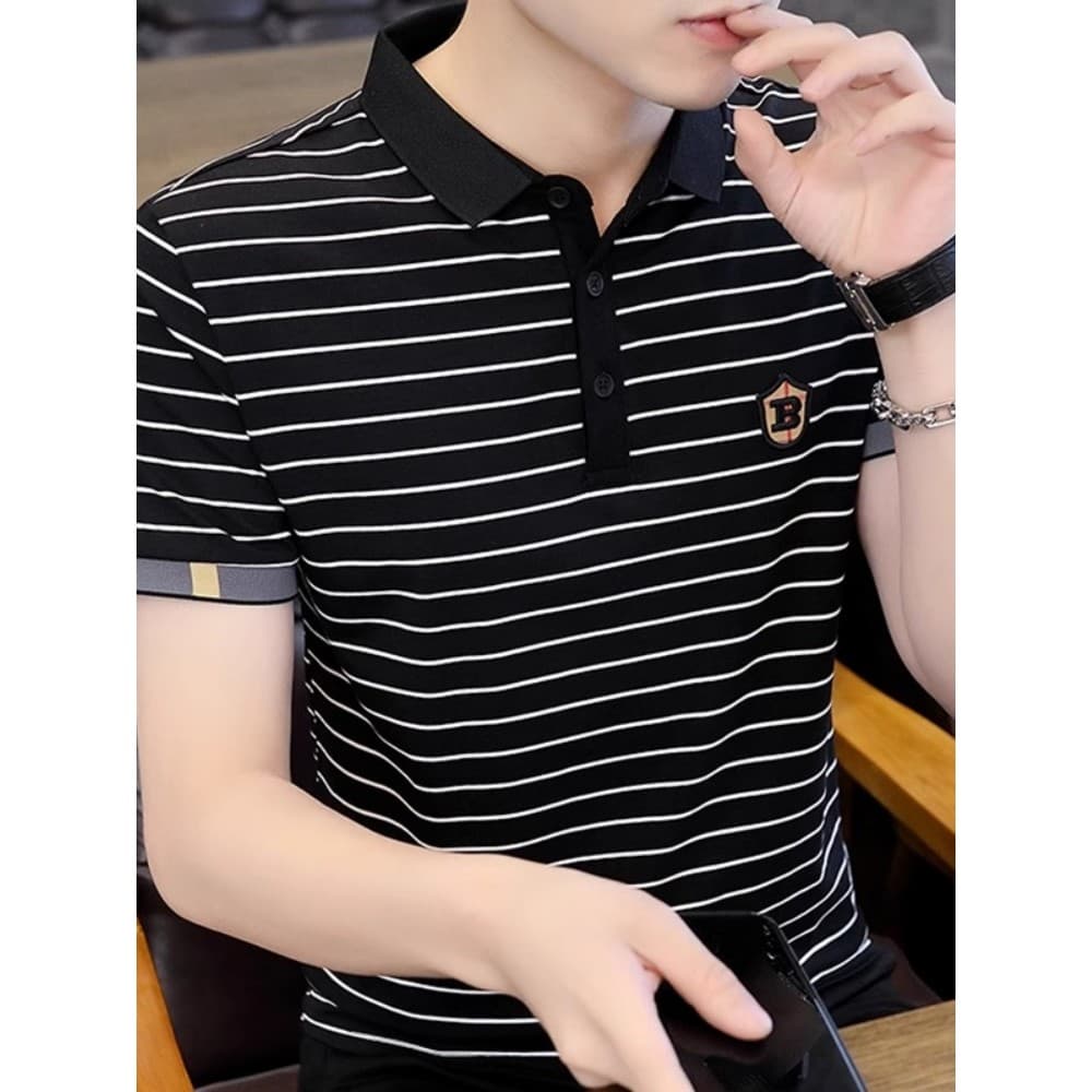 Camisa listrada masculina de manga curta camisa polo verão Street Wear ins All-Match camisa masculina puro algodão gelo