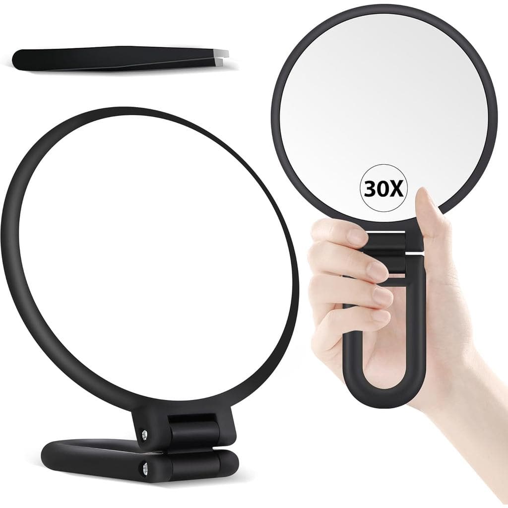 Espelho de Maquiagem Portátil Dobrável B Beauty Planet com Ampliação de 30X, Espelho de Mão com Alça, Espelho de Mão Dup