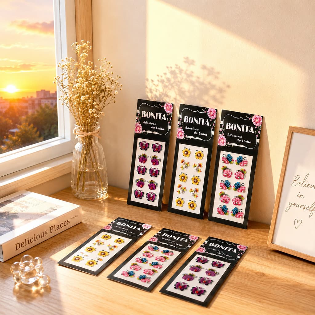 Kit 300 Adesivos de Unha 3D Pré-Prontos – Nail Art Decorativa com Flores, Borboletas e Pedrarias Variadas---WJ