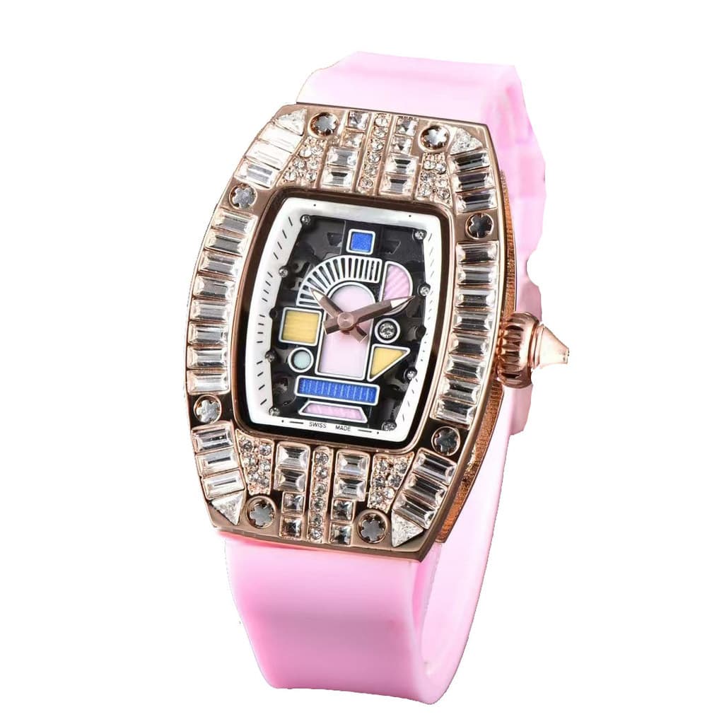Relógio Feminino Rosa Estilo Memphis, Forma Tonneau com Pulseira de Borracha, Design Geométrico e Fashion