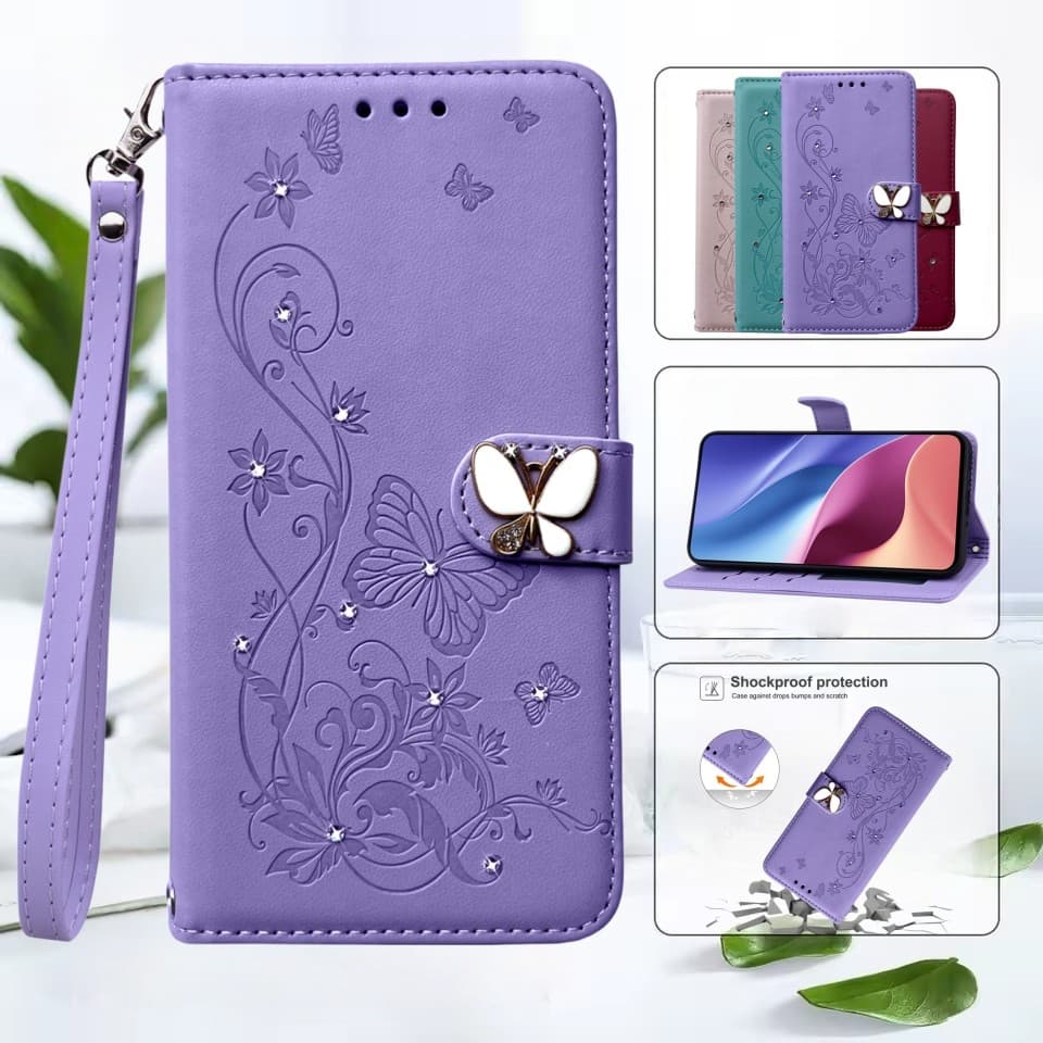 Capa Magnética De Couro Borboleta Brilhante , Tipo Carteira Para Xiaomi Poco C85 C75 C65 X8 Pro M8 M7 M6 X7 X6 X5 F8 Pro