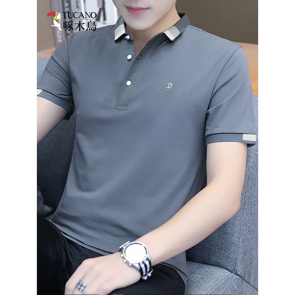 Woodpecker puro algodão Casual camisa polo masculina de meia-idade juventude de manga curta camiseta versão coreana lape