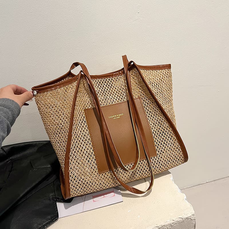 Bolsa de tecido de palha de grande capacidade feminina verão 2024 novo estilo à beira-mar férias tecido saco estilo preg