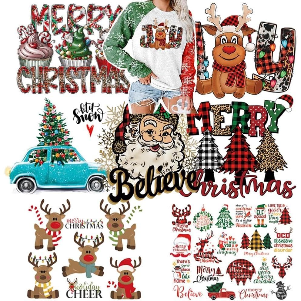 Adesivos de Transferência Térmica de Natal, 7 Folhas, Patches Termocolantes de Natal, Decalques de Vinil Termocolante HT