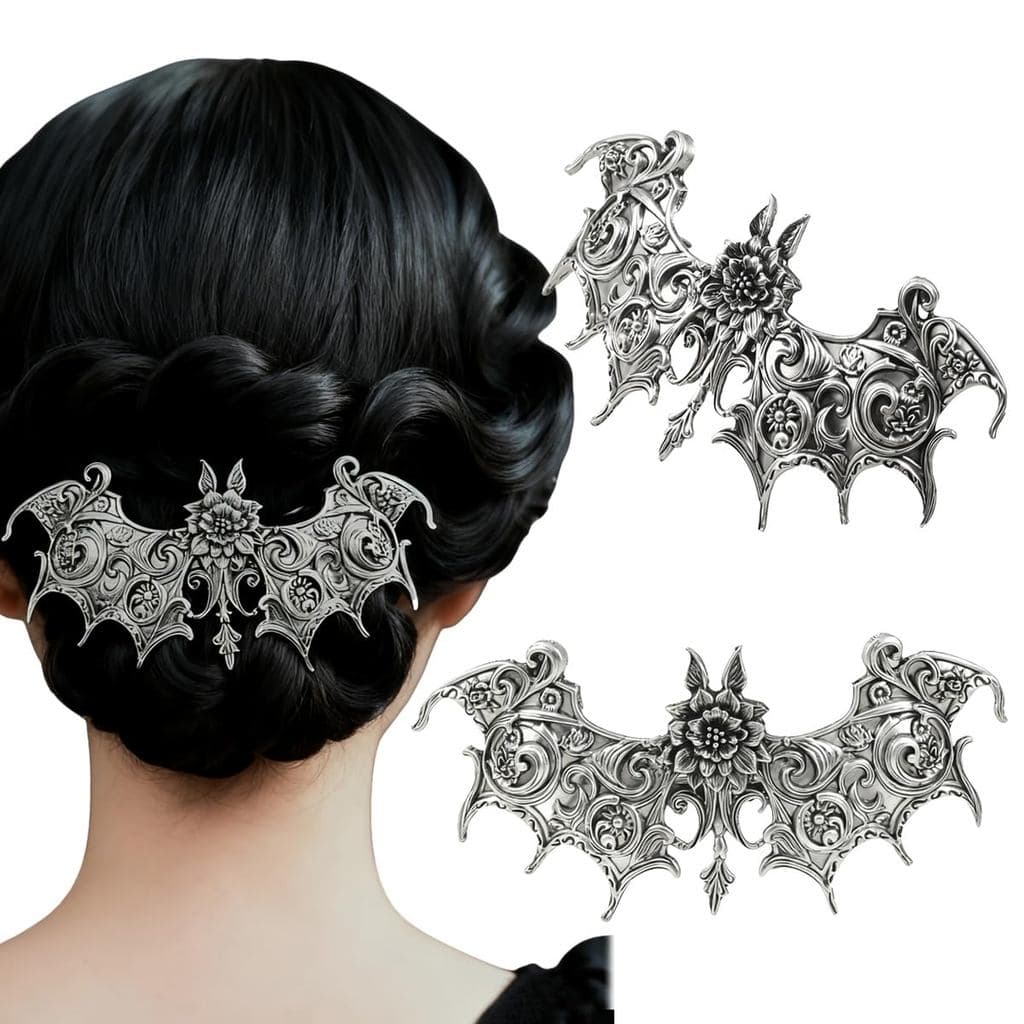 2PCS Presilhas de Cabelo Góticas com Morcego e Flor – Acessórios de Cabelo de Halloween para Mulheres, Presilhas de Cabe