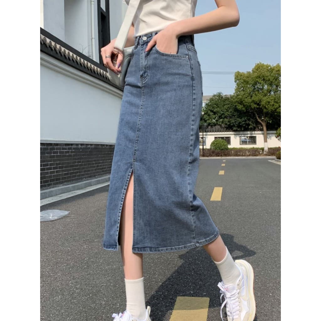 Saia jeans feminina de comprimento médio, cintura alta, linha a, 2026, primavera verão, novo estilo, versão coreana, fen