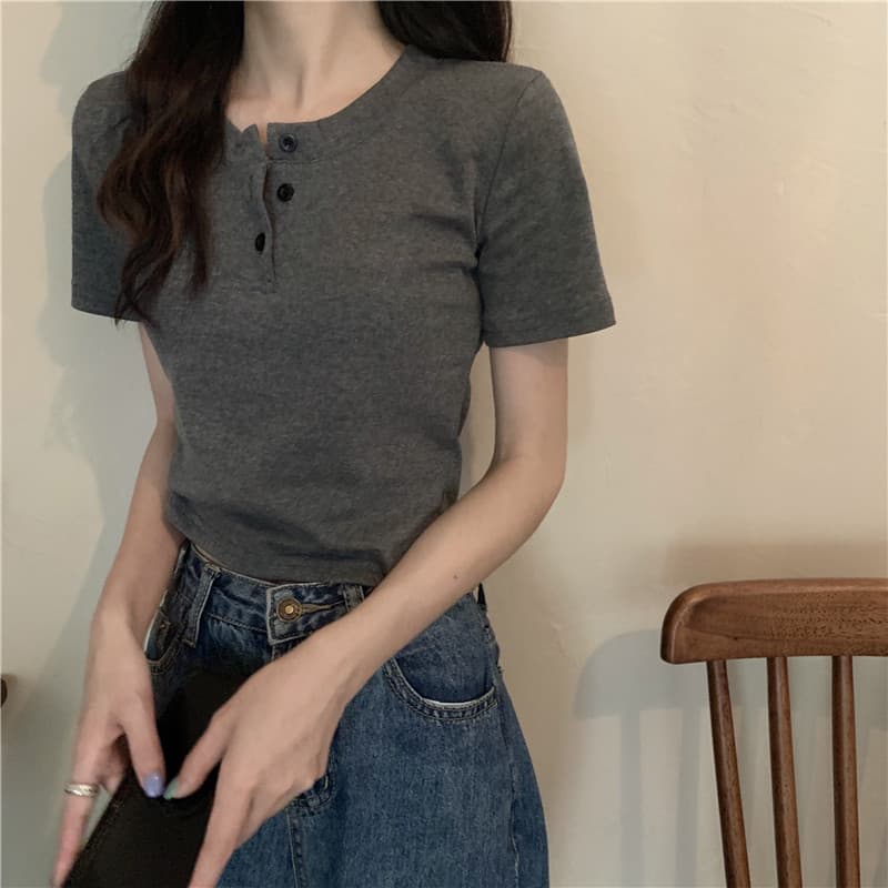 Chique meia gola aberta abotoado algodão puro manga curta genuíno ombro camiseta feminina nicho verão novo estilo versão