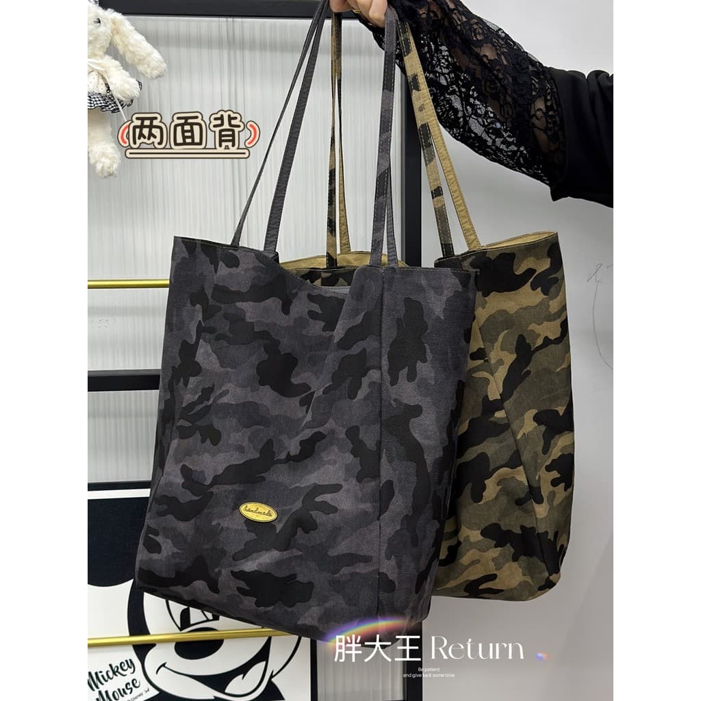 Bolsa de lona camuflada feminina AB lado pode ser transportada estudantes classe Commuter sacola de grande capacidade Ca